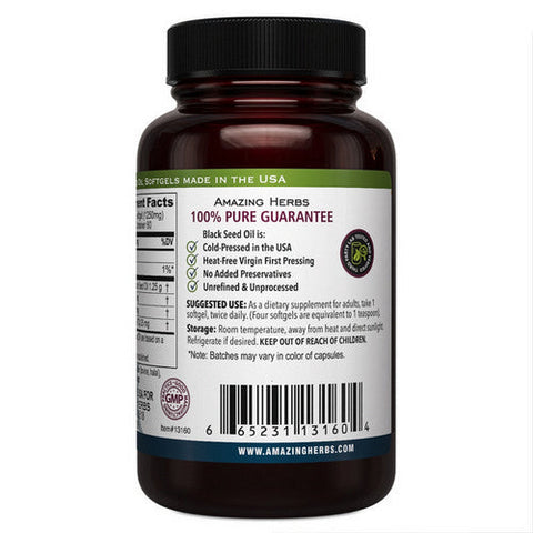 Amazing Herbs, Black Seed Black Cumin Seed Oil, 1250 mg, 60 Caps Amazing Herbs
