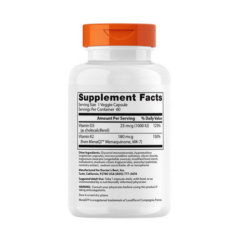 Doctors Best, Natural Vitamin K2 MK-7 with MenaQ7 plus Vitamin D3, 180 mcg, 60 Caps Doctors Best