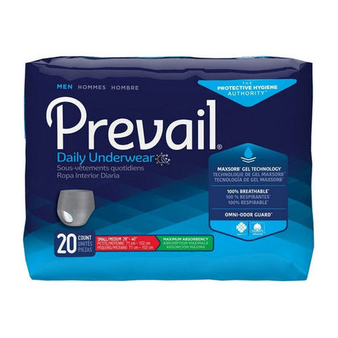 First Quality, Male Adult Absorbent Underwear Prevail  Men's Daily Underwear Pull On with Tear Away Seams Small / M, Count of 20 First Quality