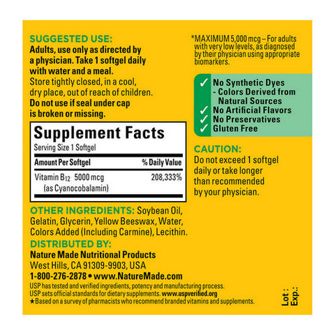 Nature Made, Vitamin B12, 5000mcg, 60 Soft gels Nature Made