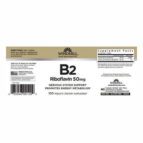 Windmill Health, Vitamin B2, 50 Mg, 100 Tabs Windmill Health