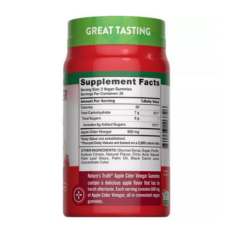 Nature's Truth, Apple Cider Vinegar Gummies Natural Apple, 600 mg, Natural Apple Flavor 75 Vegan Gummies Nature's Truth