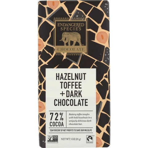 Endangered Species, Natural Dark Chocolate Bar Hazelnut Toffee, 3 Oz(Case Of 12) Endangered Species