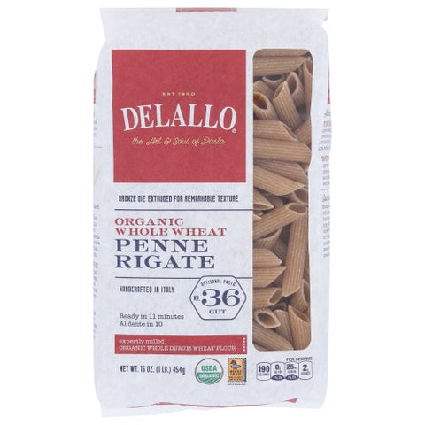 Delallo, Organic Whole Wheat Penne Rigate Pasta, Case of 8 X 16 Oz Delallo