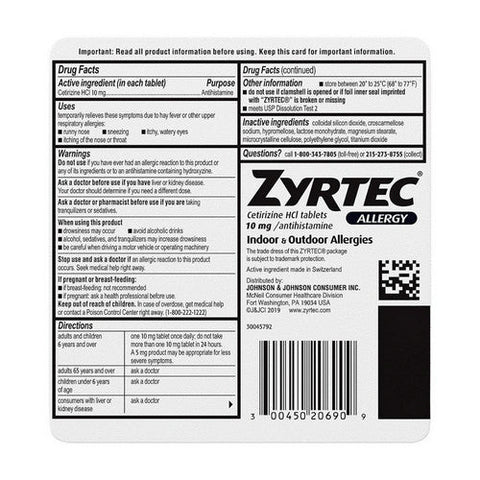 Neutrogena, Zyrtec Allergy Cetirizine HCI, 10 mg, 90 Tabs Neutrogena