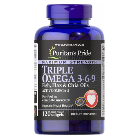 Maximum Strength Triple Omega 3-6-9 Fish Flax & Chia Oils 120 Softgels by Puritan's Pride