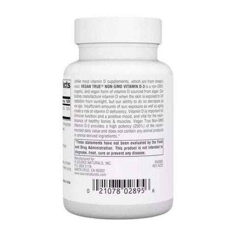 Source Naturals, Vegan True Non-GMO Vitamin D-3, 2,000 IU, 120 VegCaps Source Naturals