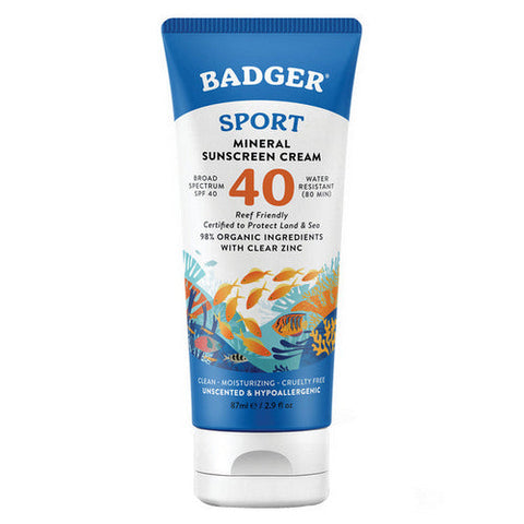 Badger Balm, Sport Mineral Sunscreen Cream SPF 40 Unscented, 2.9 Oz Badger Balm