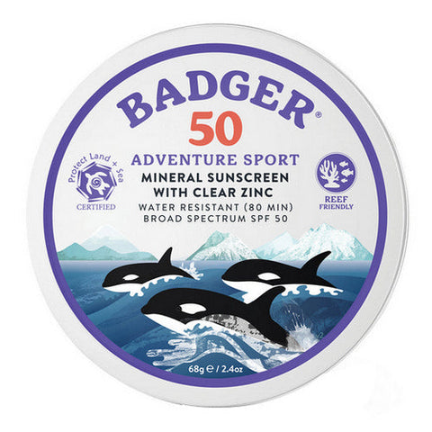 Badger Balm, Adventure Sport Mineral Sunscreen with Clear Zinc SPF 50 Unscented, 2.4 Oz