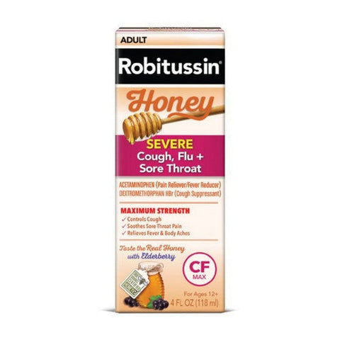Robitussin, Adult Honey Severe Cough Flu + Sore Throat Nighttime Liquid Maximum Strength, 4 Oz Robitussin