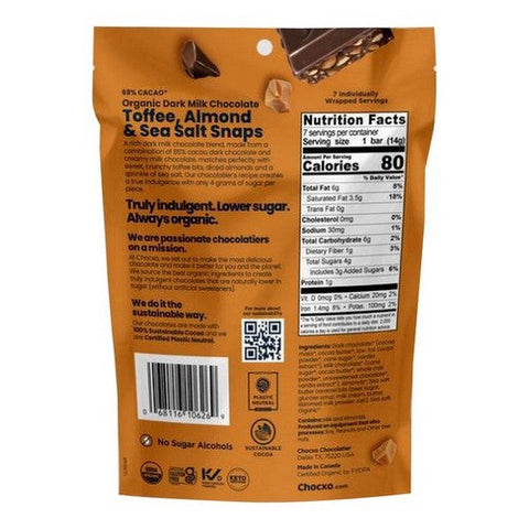 Chocxo, Organic Dark Milk Chocolate Toffee Almond And Sea Salt, 3.45 Oz(Case Of 6)