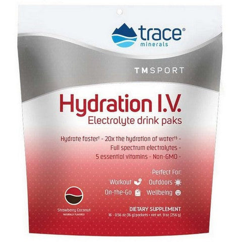 Trace Minerals, Hydration I.V. Electrolyte Drink Paks Strawberry Coconut Flavor, 16 Packets Trace Minerals