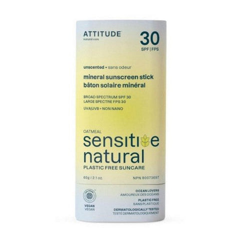 Attitude, Mineral Sunscreen Stick SPF 30 Sunly Plastic Free Unscented, 2.1 Oz Attitude