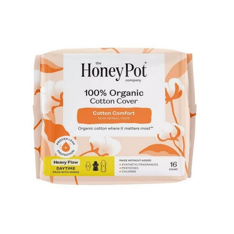The Honey Pot, Organic Cotton Cover Non-Herbal Heavy Flow Daytime Pads With Wings, 16 Count