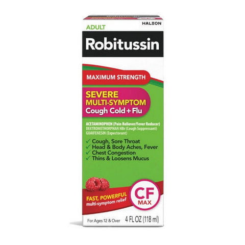 Robitussin, Adult Severe Multi-Symptom Cough Cold + Flu Liquid Maximum Strength, 4 Oz