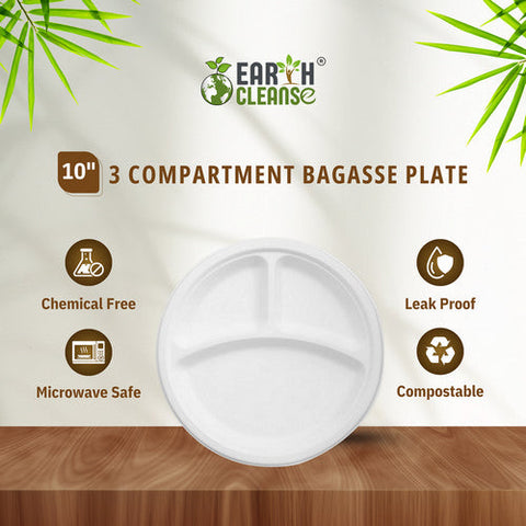 10" Round 3 Compartment Round Bagasse Plate Premium 750 Pack by Earth Cleanse