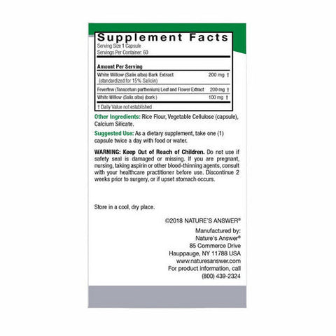 Nature's Answer, White Willow With Feverfew Standardized, 500 Mg, 60 VegCaps Nature's Answer